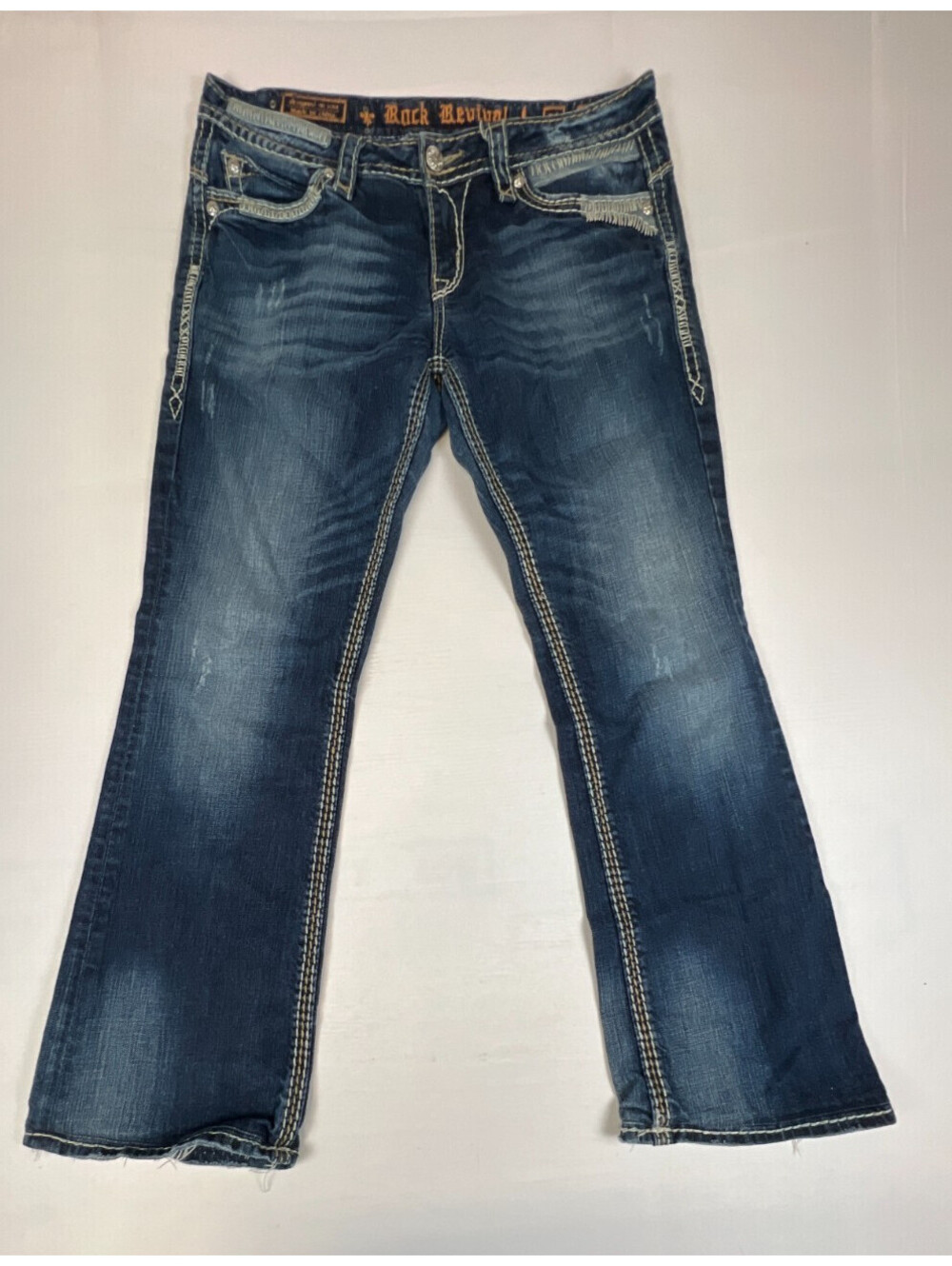 Rock Revival Women 31 Roza Easy Boot Jeans Blue Embroidered Flap Pocket Denim